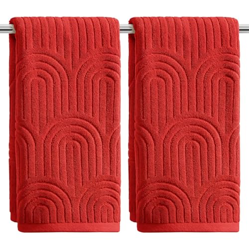 Artoid Mode 2 Pcs Red 3D Arched Stripes Jacquard Hand Towels for Bathroom, 100% Cotton Soft Absorbent Bathroom Decor Towels, 13.7 x 29.5 Inch - color: Red, size: 13.7" x 29.5", 2PCS