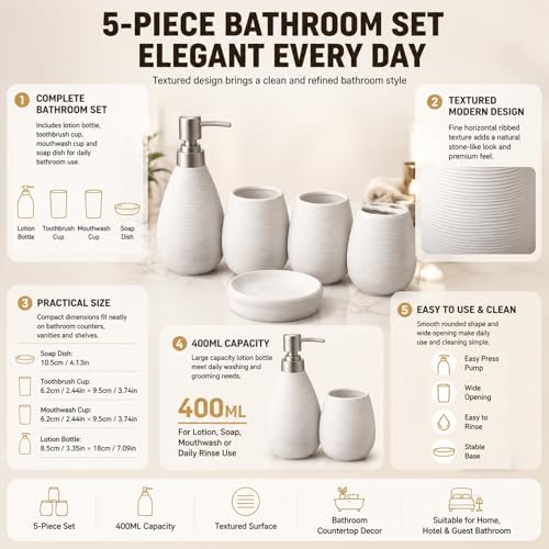 Bathroom Ceramic Accessories Set, 5 Piece Bathroom Set with Including Soap Dispenser, Mouthwash Cup, Soap Dish, Toothbrush Holder (White) - color: White