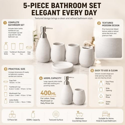 Bathroom Ceramic Accessories Set, 5 Piece Bathroom Set with Including Soap Dispenser, Mouthwash Cup, Soap Dish, Toothbrush Holder (White) - color: White
