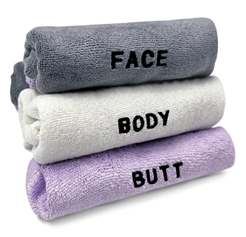 Crafty Cloth 6-Piece Washcloth Set – Face, Body, Butt Cloths | 3 Distinct Textures | Ultra-Soft, Rigid Exfoliation, and Hygiene Cloths for Sensitive Areas (Gray,White,Purple, Embroidered 6-Piece Set) - color: Gray,white,purple