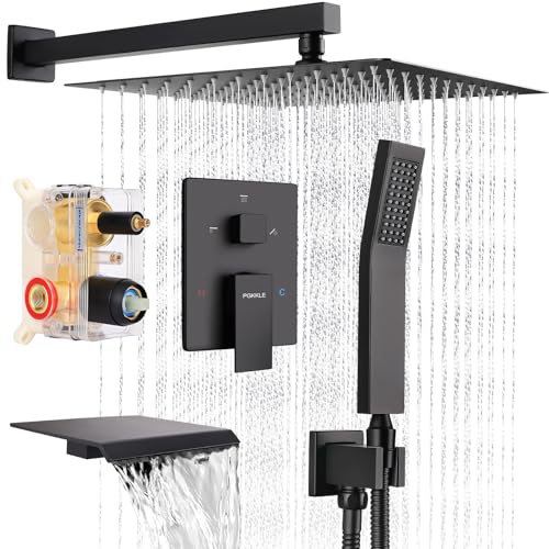 12 Inch Rainfall Shower System with Tub Spout Wall Mounted Complete Combo with Solid Brass Pressure Balancing Valve, High Pressure Shower Head, Handle Set & Installation Accessories Matte Black - color: Black