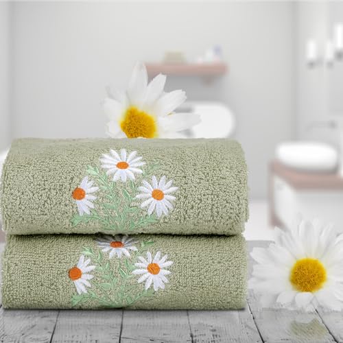 SmoothNovelty 2 Pcs Daisy Flower Hand Towels Gray Green Bathroom Decor 14x29 Inch Embroidered 100% Cotton Soft Absorbent Spring Summer Decorative Hand Towels for Bathroom Kitchen - style: Daisy