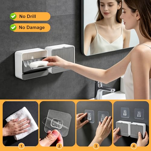 Strong Adhesive Hook Wall-Mounted Soap Dish Holder, 2-Layer Draining Tray with Removable Container, Keeps Soap Dry for Bathroom, Shower, Sink, Kitchen- Space Saver (1-Pack Grey-Single Compartment) - color: 1-pk Grey-single Compartment