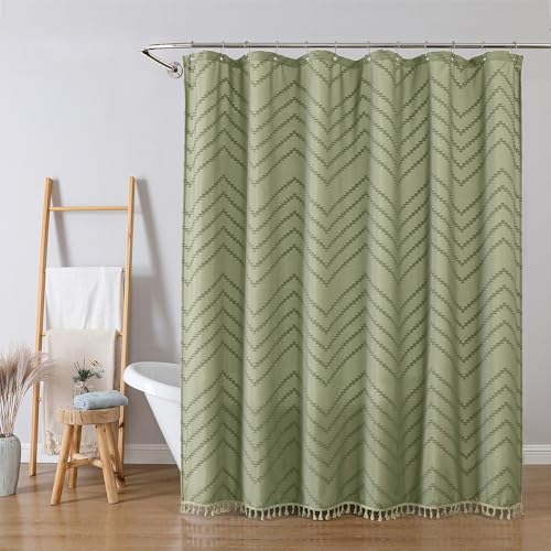 Light Green Fabric Shower Curtain, Boho Shower Curtains for Bathroom Chic Tufted Chevron Striped Textured with Tassel, Soft Hotel Style Farmhouse, Machine Washable, 72x78, Light Green - color: Light Green, size: 72"W x 78"L (Pack of 1)
