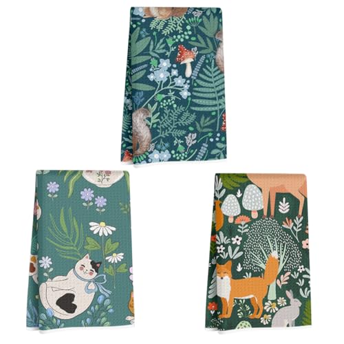 3Pcs Cat Kitchen Towels Squirrel Fox Deer Decor Microfiber Tea Towels | Durable Waffle Weave Dish Drying Towel for Kitchen Bathroom Farmhouse, Floral Gifts for Women Mom Friend, 24x14 Inch - color: Multi 1352