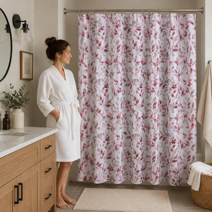 Hotel Quality Fabric Bathroom Shower Curtain: Floral Leaf Damask - Pink, Gray and White (72 x 70 inches) - color: Mikayla