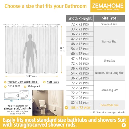 ZEMAHOME Extra Large Size PEVA Plastic Shower Curtain Liner Premium Light Weight 108" x 72" Clear Bathroom Shower Showroom Curtain Liner with Rustproof Metal Gromments and Weighted Magnet - color: A01-clear, size: 108"W x 72"L (Pack of 1)