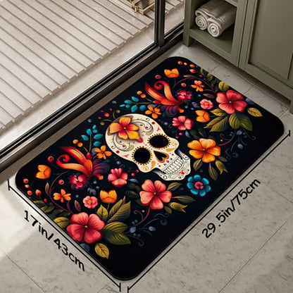 Skull Flowers Bathroom Mat, Non-Slip Rubber Backing Thin Low-Profile Bath Rug, Easy-Clean Bathroom Floor Mat for Shower, Bathtub, Kitchen, or Entryway - color: Skull Flowers