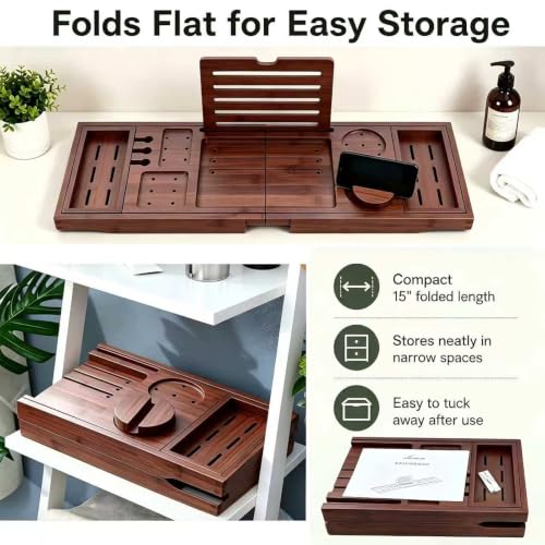 Bamboo Bathtub Tray, Expandable Foldable Bath Caddy, Walnut | 29-42" Bath Shelf Over Tub with Rotating Phone Holder, Tablet & Wine Holders, Locking Design for Spa, Bathroom & Gifts - color: B-walnut