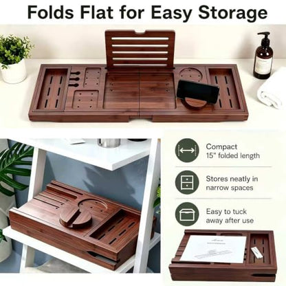 Bamboo Bathtub Tray, Expandable Foldable Bath Caddy, Walnut | 29-42" Bath Shelf Over Tub with Rotating Phone Holder, Tablet & Wine Holders, Locking Design for Spa, Bathroom & Gifts - color: B-walnut