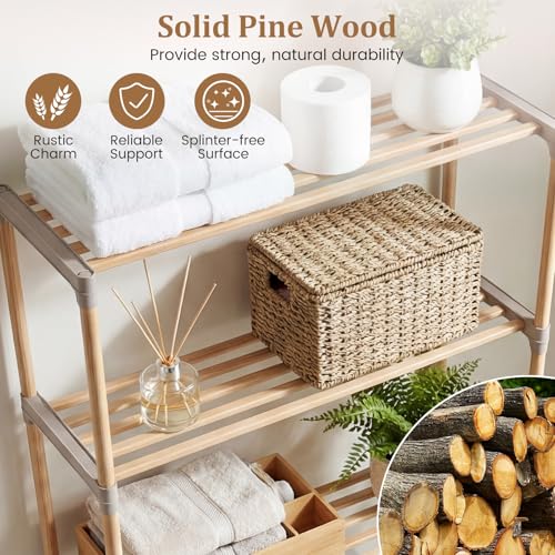 Giantex Over The Toilet Storage Shelf, 3-Tier Pine Wood Space-Saving Above Toilet Shelf Rack, Freestanding Over Toilet Bathroom Organizer for Laundry, Balcony, Restroom