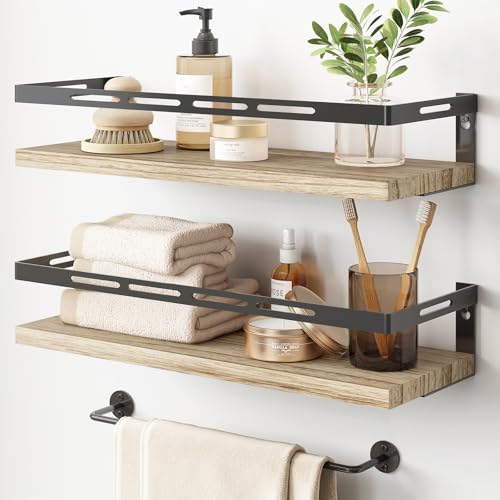 YGEOMER Floating Shelves for Bathroom Organizer Over Toilet, Wall Mounted Bathroom Shelves with Towel Bar, Wall Shelf for Bedroom Kitchen Living Room Storage (Rustic Brown-Black) - color: Rustic Brown-black