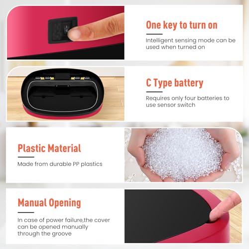 13 Gallon Automatic Kitchen Trash Can with Lid, Touchless Motion Sensor Garbage Can - Hygienic, Odor Control, Waterproof Waste Bin for Kitchen Bathroom Bedroom Office (50L), PP Plastic, Red - color: Burgundy