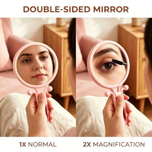 Magnifying Handheld Mirror Double Sided, Travel Makeup Hand Mirrors with 1X 2X Magnification, Small Hand/Desk Vanity Mirror (3Pcs(White & Pink & Dark Green)) - color: 3pcs( White & Pink & Dark Green)
