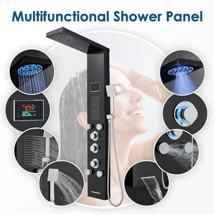 ROVOGO LED Shower Panel Tower With Lights & Digital Display, Water Powered | Rain Mist Shower Head, Handheld, 5 Body Jets, Tub Spout, Hydroelectric Shower Column Stainless Steel W/ Brass Valves, Black - style: 6-Function-Black-Water Powered