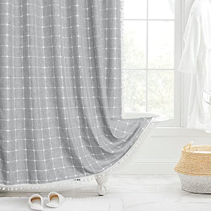 Boho Farmhouse Classic Plaid Linen Tassel Shower Curtain Grey,72x72 | 310GSM Linen Blend Heavy Duty Cloth,3-side Tassels,Wrinkle Resistant,Rustic Bohemian Farmhouse charm,Water Repellent,12 Hooks - color: Grey, size: 72"W x 72"L (Pack of 1)