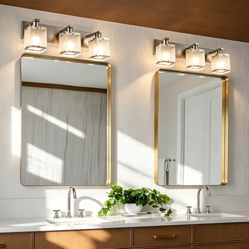 Modern 3-Lights Brushed Nickel Vanity Lights, Bathroom Light Fixture Over Mirror Wall Lighting Sconces with Frosted Glass Shades, E26 Bulb Base - color: Brushed Nickel, Frosted Glass, size: 3-Lights