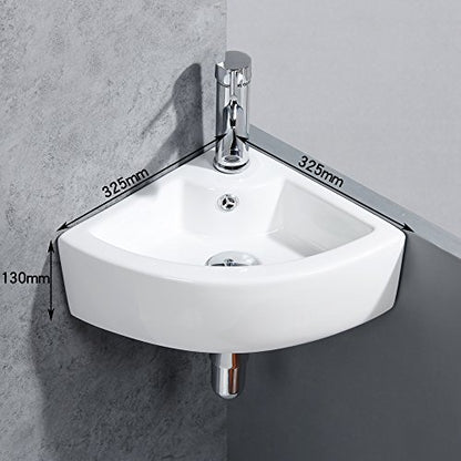 Wall Mount Triangle Corner Bathroom Sink with Faucet&Drain Kit 12.8x12.8in | Glossy stain-resistant ceramic; fast draining bowl; full mounting hardware; measure corner wall space before ordering - style: with Faucet&Drain Set