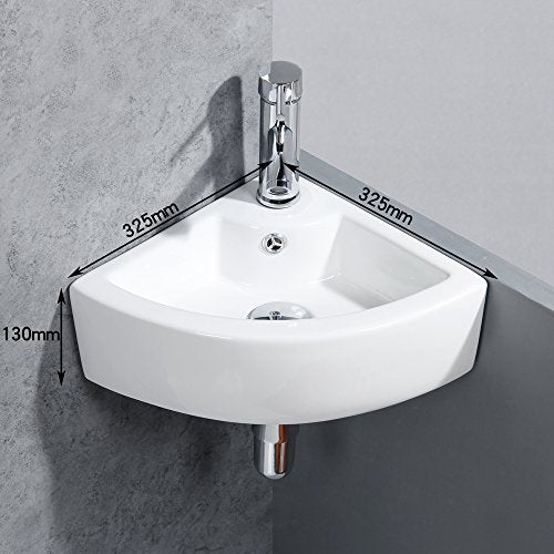Wall Mounted Corner Bathroom Sink Triangle Bathroom Basin 12.8 x 12.8 x 5.1inch/325 x 325 x 130mm | Glossy ceramic glaze; stain resistant; quick draining bowl; measure wall space pre-order; fits powder room & RV - style: only sink