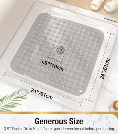 HITSLAM Square Shower Mat, Non Slip PVC Stall Mat, 24"x24", Grey | Power Grip Suction Cups, Center Drain Hole, Built-In Hanging Holes, Machine Washable Bathroom Floor Mat, Soft On Feet - color: Smoke Grey