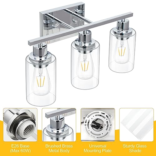 3 Light Vanity Light Fixtures, Polished Chrome Bathroom Wall Sconces, Modern Wall Lights with Clear Glass Shades, Bathroom Wall Lamp over Mirror Kitchen Bedroom Living Room Hallway Cabinet Porch - color: Chrome