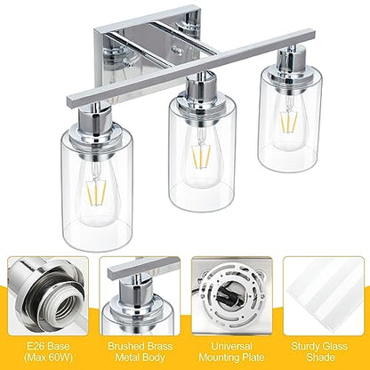 3 Light Vanity Light Fixtures, Polished Chrome Bathroom Wall Sconces, Modern Wall Lights with Clear Glass Shades, Bathroom Wall Lamp over Mirror Kitchen Bedroom Living Room Hallway Cabinet Porch - color: Chrome