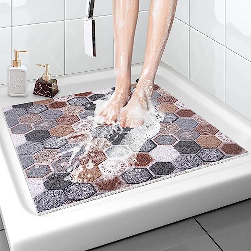 Shower Mat Bathtub Mat Non-Slip, 32x32 Inch, Soft Comfort Bath Mat with Drainage Holes, PVC Loofah Massage Bathmat for Shower, Tub, Bathroom, Wet Areas, Quick Drying - color: Hexagonal Tiles, size: 32" x 32" (Square)