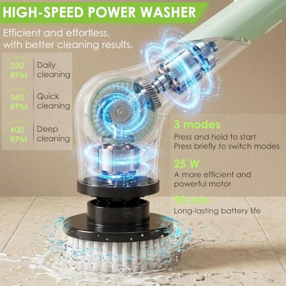 3‑Speed Electric Spin Scrubber with 10 Replaceable Heads Adjustable Handle