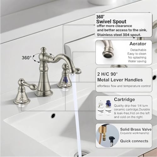 Brushed Nickel 2-Handle 8 Inch Widespread Bathroom Faucet, 3 Holes | Derengge Traditional Widespread Sink Faucet, With Pop-Up Drain 360° Swivel Stainless Steel Spout, F-8805-BN - color: Brushed Nickel