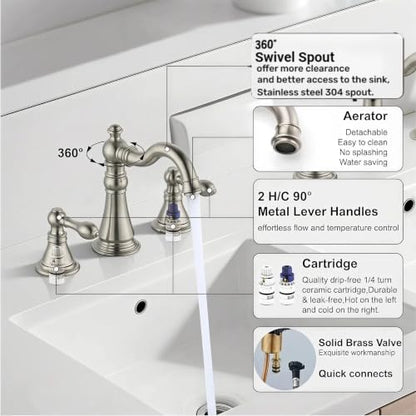 Brushed Nickel 2-Handle 8 Inch Widespread Bathroom Faucet, 3 Holes | Derengge Traditional Widespread Sink Faucet, With Pop-Up Drain 360° Swivel Stainless Steel Spout, F-8805-BN - color: Brushed Nickel