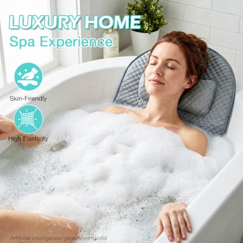 Full Body Bath Pillow for Bathtub, Thick Soft Tub Cushion with Non-Slip Suction Cups Dual Hooks, Luxury Spa Pillow for Neck Back and Hip Support, 53" x 17" - color: Grey