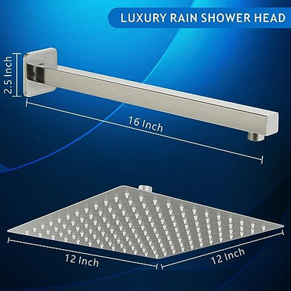 Voolan All Metal Shower Head with Extension Arm, Stainless Steel Waterfall Rainfall Showerheads, High Flow Bathroom Square Rain Shower Head (12’’ Shower Head with 16’’ Shower Arm, Brushed Nickel) - color: Brushed Nickel, size: 12’’ Shower Head with 16’’ S