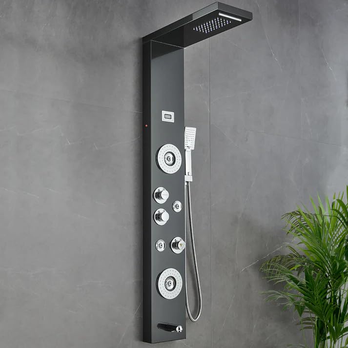 55 in. 6-Jet Stainless Steel Matte Black Shower Panel System w/Fixed LED Rainfall & Waterfall Showerhead, Temp Display, Tub Spout & Handheld Luxury Wall Mount Bathroom Tower