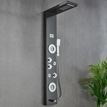 55 in. 6-Jet Stainless Steel Matte Black Shower Panel System w/Fixed LED Rainfall & Waterfall Showerhead, Temp Display, Tub Spout & Handheld Luxury Wall Mount Bathroom Tower