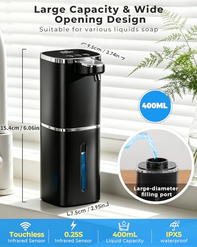 2 Pack Automatic Soap Dispenser Touchless, Rechargeable | Liquid Soap Dispenser 9 Adjustable Levels,13.5oz/400mL,IPX5 Waterproof, Wall Mounted or Countertop for Kitchen & Bathroom - color: Black Liquid