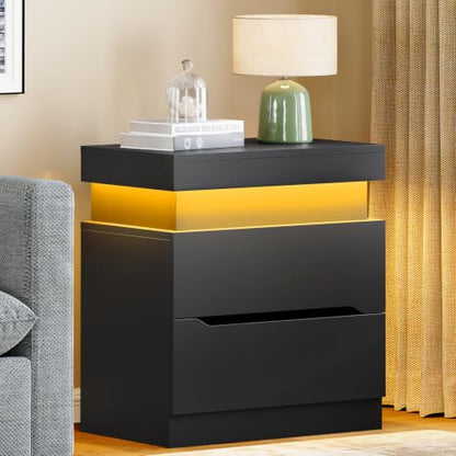 Nightstands Set of 2, Night Stand with 2 Drawers, Nightstand with App-Controlled Adjustable LED Light, Bedside Table with Slidable Hidden Storage Space, Modern Nightstands for Bedroom,Black - color: Unbzx031hd2-zf