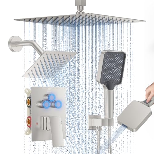 Shower Faucet Set, 12" Ceiling Mount Rainfall Shower System with 2 Rain Shower Head and Multi-function Handheld Head Push Button Diverter Shower Faucet Trim Kit (12", Brushed Nickel) - color: Brushed Nickel, style: 12"-Ceiling-01