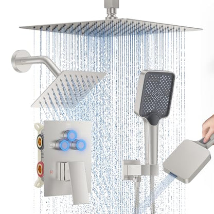 Shower Faucet Set, 12" Ceiling Mount Rainfall Shower System with 2 Rain Shower Head and Multi-function Handheld Head Push Button Diverter Shower Faucet Trim Kit (12", Brushed Nickel) - color: Brushed Nickel, style: 12"-Ceiling-01