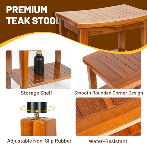 20" Premium Teak Shower Bench with Shelf & Handle, Solid Teak Shower Stool, Durable Wooden Waterproof Seat for Inside Shower, Teak Wood Bench for Bathroom, Indoor & Outdoor Use - size: 20" W x 13.5" Dx 18" H