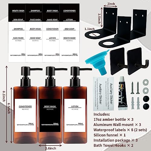 Shampoo and Conditioner Dispenser, No Drill, 16 Waterproof Labels | Shampoo Dispenser for Shower Wall, Shower Soap Dispenser Wall Mounted 3 Chamber, Bathroom, 17oz, Black Amber - color: Amber Bottle + Black Pump
