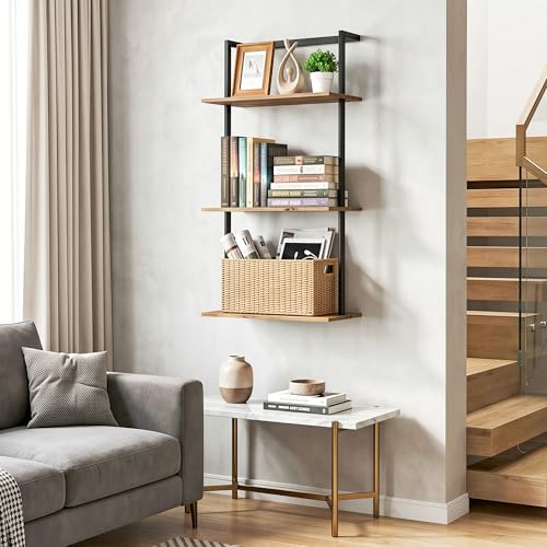 3-Tier Over the Toilet Storage Shelf, Bathroom Wall Shelf | Metal Frame with Rustic Brown MDF Boards, Floating Mounted Rack and Holder, for Living Room, Office, Holds Decor, Essentials