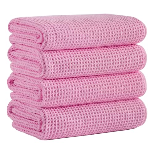 Microfiber Waffle Bath Towels, 4 Pieces, Soft, Absorbent, Fast Drying, Lint Free 430 GSM (27''x55''/68.58 cm x139.7 cm) - color: Pink