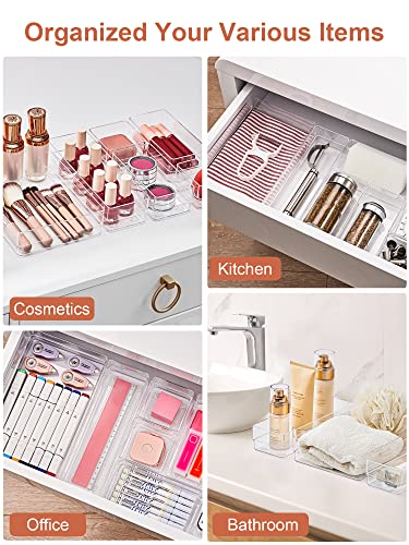 SMARTAKE 22 PCS Drawer Organizer, 4-Size Desk Bathroom Drawer Organizer | 4-Size Storage Tray with Non-Slip Silicone Pads for Makeup, Jewelries, Utensils in Bedroom Dresser, Office and Kitchen, Clear - size: Large