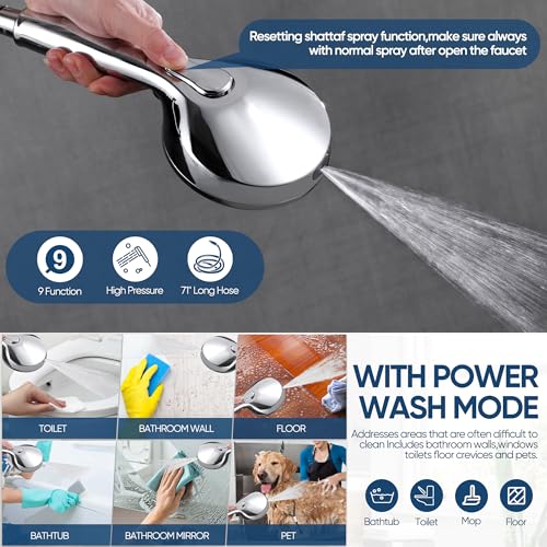 KINSE High Pressure Shower Head with Hose,9-Mode Handheld Shower Head, 5" Shower Head with 71" Extra Long Shower Hose & Adjustable Bracket,Built-In Power Wash to Clean Tub, Tile & Pets