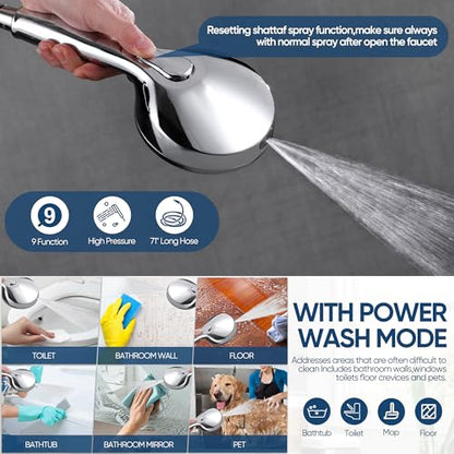 KINSE High Pressure Shower Head with Hose,9-Mode Handheld Shower Head, 5" Shower Head with 71" Extra Long Shower Hose & Adjustable Bracket,Built-In Power Wash to Clean Tub, Tile & Pets
