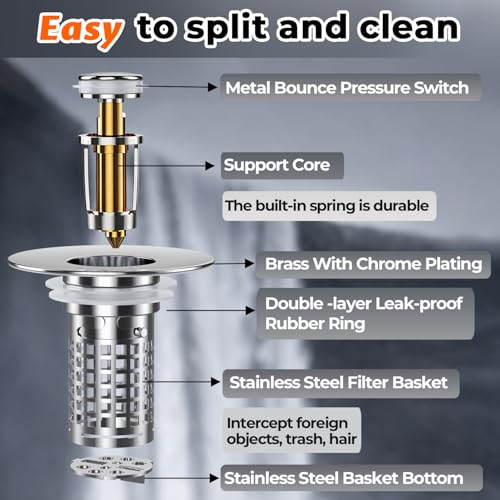 Bathroom Sink Drain Strainer, Stainless Steel Pop-up Strainer Basket Hair Catcher with Removable Basket, Brass Bullet Core, Universal Fit 1.1-2.36 Inch (1PCS)