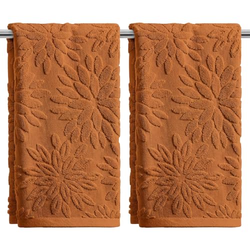 Artoid Mode 2 Pcs Caramel 3D Dahlia Floral Jacquard Hand Towels for Bathroom, Cotton Soft Absorbent Bathroom Decor Towels, 13.7 x 29.5 Inch - color: Caramel, size: 13.7" x 29.5", 2PCS