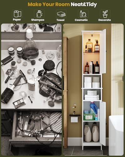 HAIOOU Tall Narrow Bathroom Storage Cabinet with Light for Small Spaces | 11.8"W Skinny Bathroom Cabinet with Adjustable Glass Shelves,Standing Slim Cabinet for Bathroom, Living Room, White - color: White