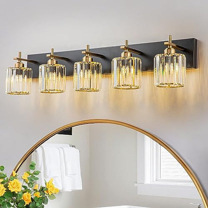 Modern Crystal Bathroom Vanity Lights, Black Gold 5-Lights Bathroom Light Fixtures Over Mirror, Crystal Wall Lighting with Polished Gold Finish(Exclude Bulb) - color: Black Gold-Round Shade, size: 5-Light