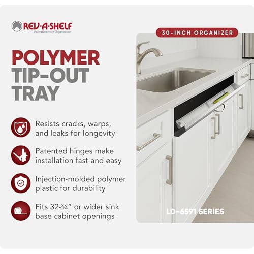 Rev-A-Shelf 30" Plastic Tip-Out Tray Organizer for Sink Base Cabinets, Home Kitchen and Bathroom Organization, Min Opening Width of 32.75", White, LD-6591-30-11-1 - size: 30 inches
